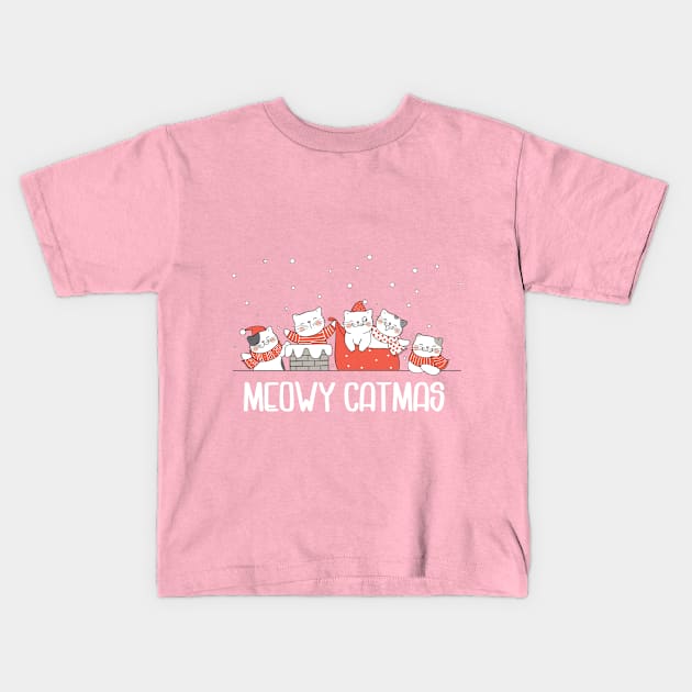 Cats on A Christmas Snow Roof Playing Santa Kids T-Shirt by Antzyzzz